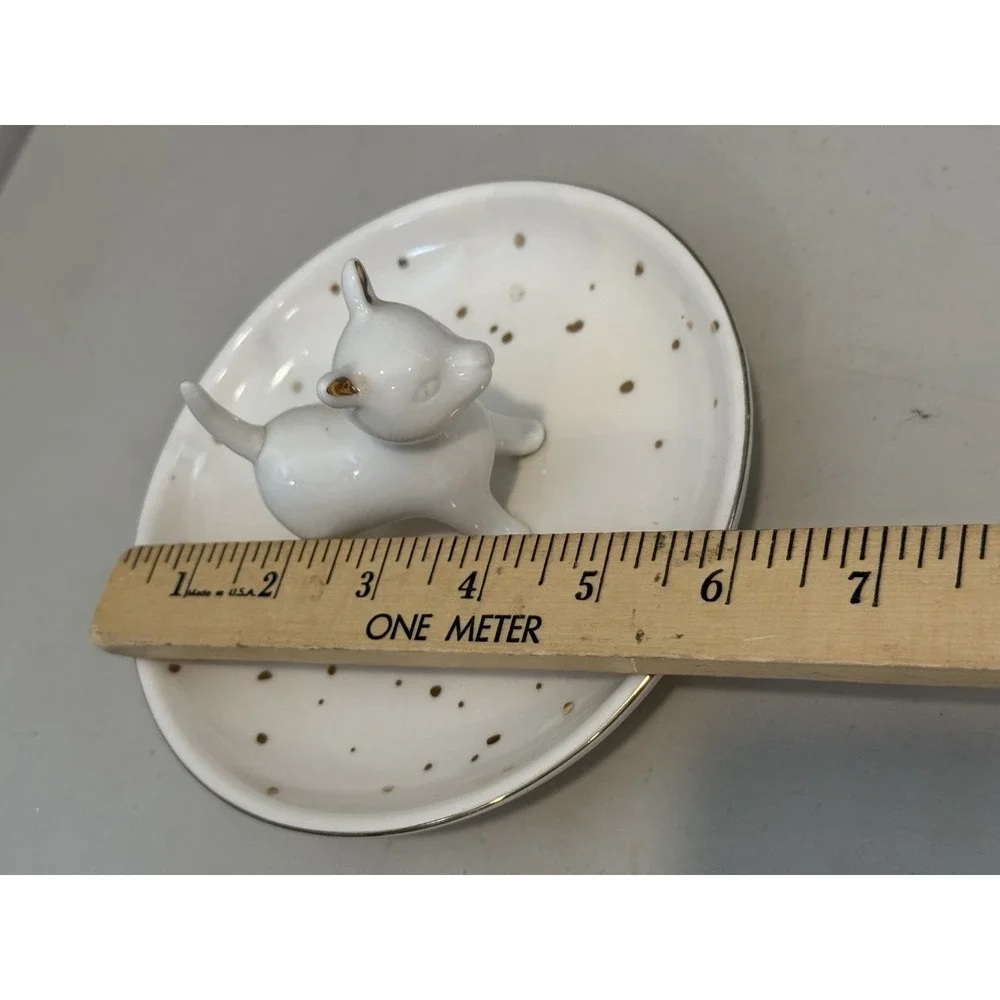 Cat Dish Ring Holder White With Gold Trim and Polka Dots